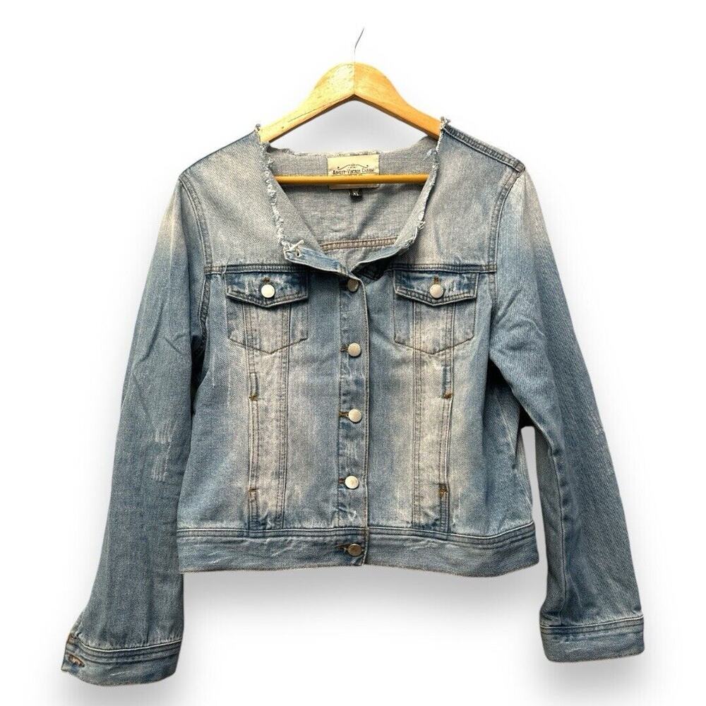 Ashley Vintage Charm Raw‎ Edge Collarless Denim Jacket Light Wash XL 14293-036